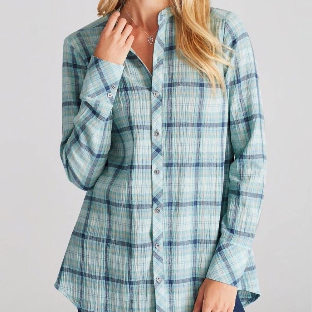 J.‎ Jill Seafoam Plaid Crinkle Cotton Button Front Tunic Top Size S Long Sleeve
